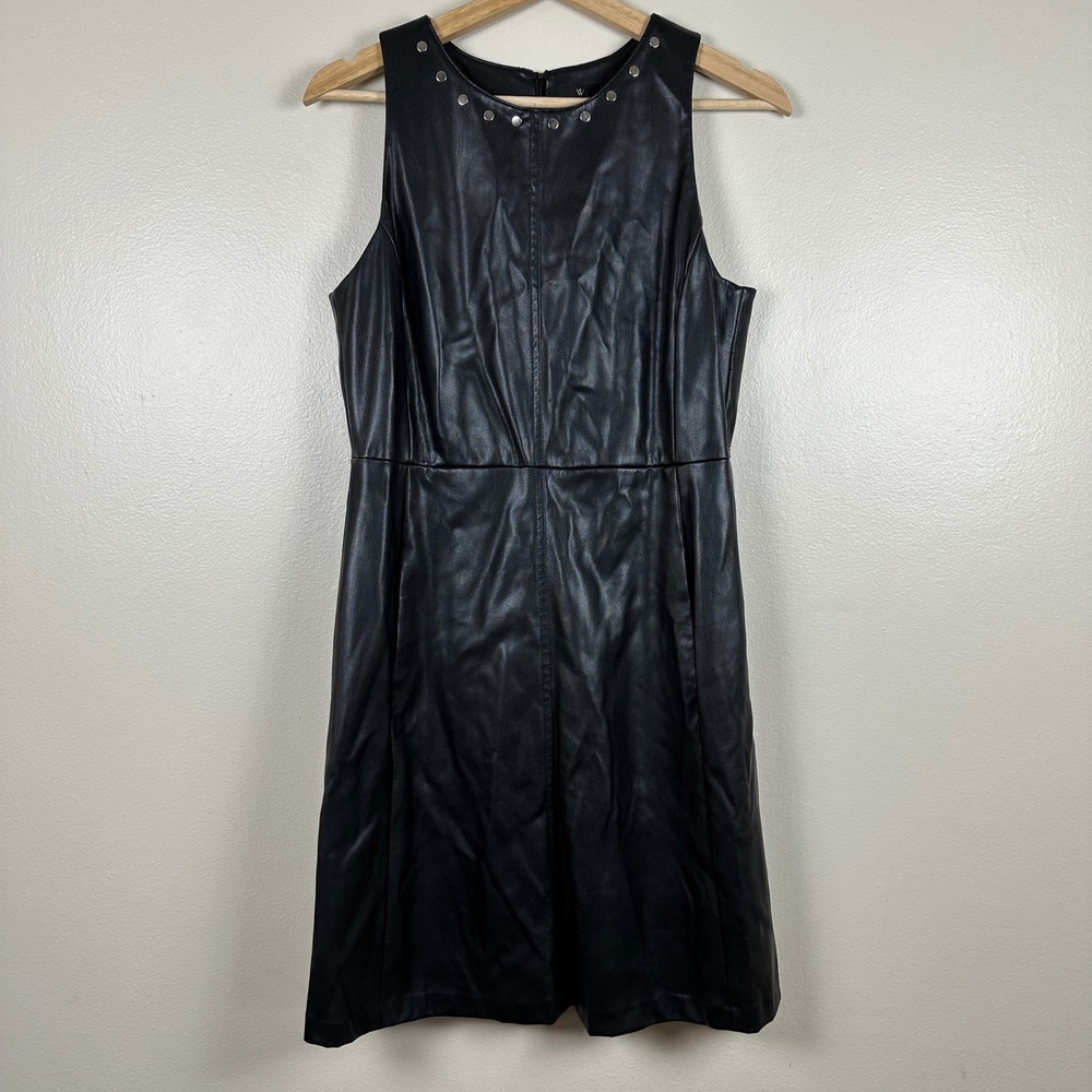 Worthington Womens 6 Sheath Dress Black Faux Leather Studded Neckline Sleeveless